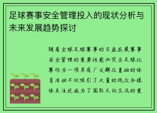 足球赛事安全管理投入的现状分析与未来发展趋势探讨
