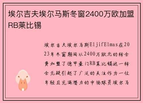 埃尔吉夫埃尔马斯冬窗2400万欧加盟RB莱比锡
