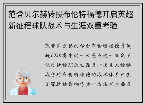 范登贝尔赫转投布伦特福德开启英超新征程球队战术与生涯双重考验
